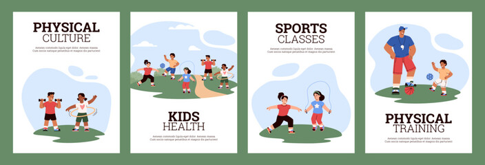 Set of poster templates, children physically train, vector flat illustration.