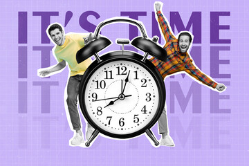 Banner collage of two guys with clock yell wear casual cloth isolated on purple painting color...
