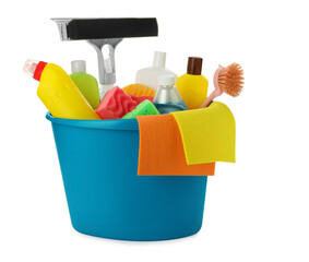 Light blue plastic bucket with cleaning supplies and tools isolated on white © New Africa