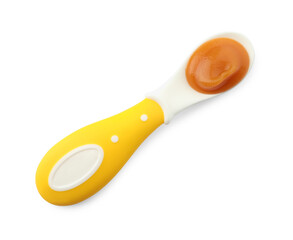 Healthy baby food in spoon isolated on white, top view