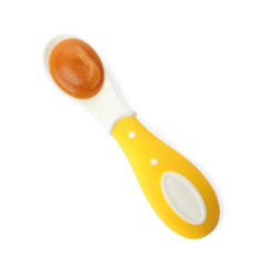 Healthy baby food in spoon isolated on white, top view