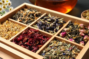 Different dry teas in wooden box, closeup