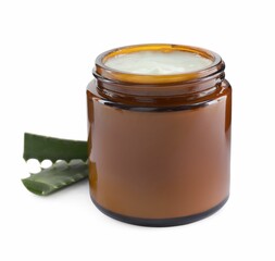 Jar of hand cream and aloe on white background