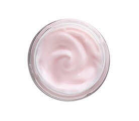 Jar of hand cream on white background, top view