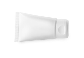 Tube of hand cream isolated on white, top view