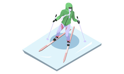 Cross-country skiing. Cross country skier. Winter sports activity. Young advanced man on ski. Isometric vector illustration.
