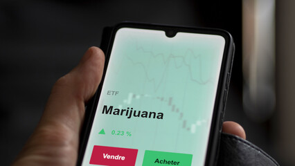 Un investisseur analyse un fonds etf marijuana sur un graphique. Un téléphone affiche le cours de l'ETF. Texte en français francais marijuana