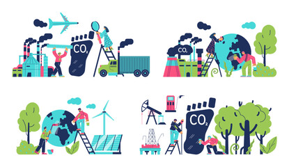 Set of scenes with people about carbon footprint reduction flat style