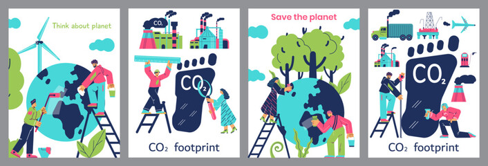Set of vertical banner templates about carbon footprint and pollution of planet flat style