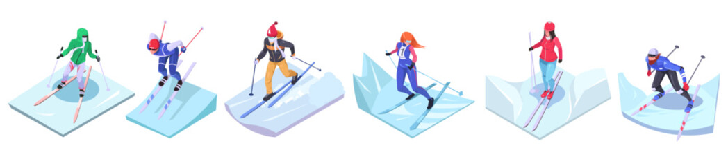 Cross-country skiing. Set of cross country skiers. Winter sports activity. Young advanced man and woman skier on ski. Isometric vector illustration.