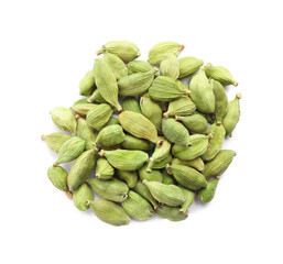 Pile of dry cardamom seeds on white background, top view