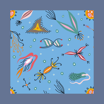 Colorful medical seamless pattern with cute doodle bacterias, microbs and dnk