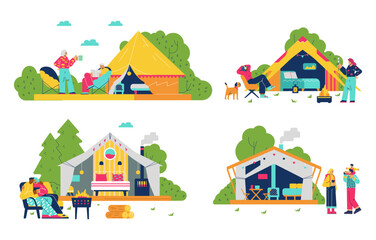 Set of clamping scenes with people relaxing in nature flat style