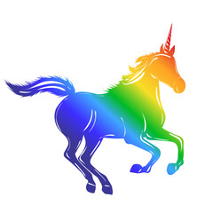 silhouette unicorn rainbow on white background isolated