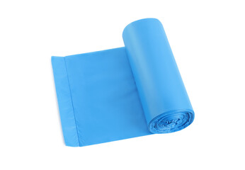 Roll of turquoise garbage bags on white background. Cleaning supplies