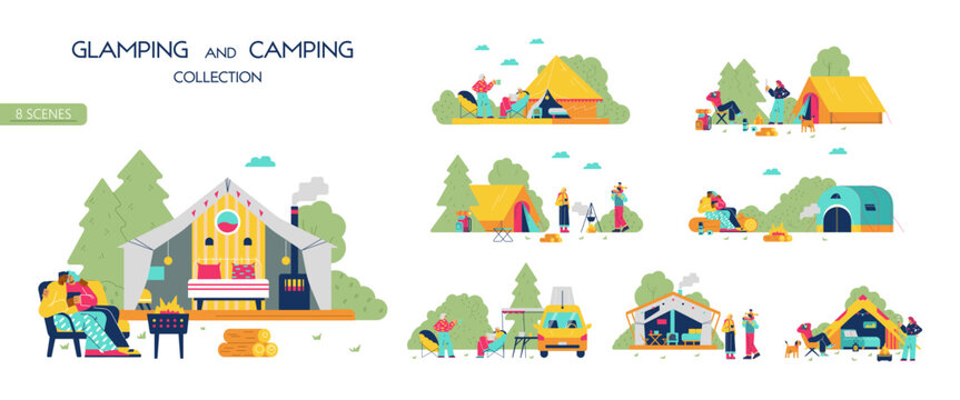 Glamping and camping collection with people relaxing in nature, flat vector illustration isolated on white background.