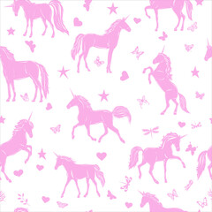 unicorns pink, stars seamless white background, vector