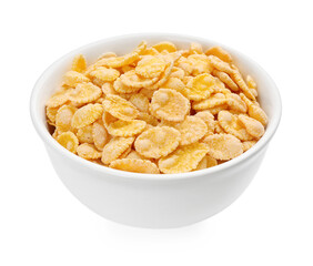 Bowl of tasty corn flakes isolated on white