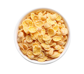 Bowl of tasty crispy corn flakes isolated on white, top view
