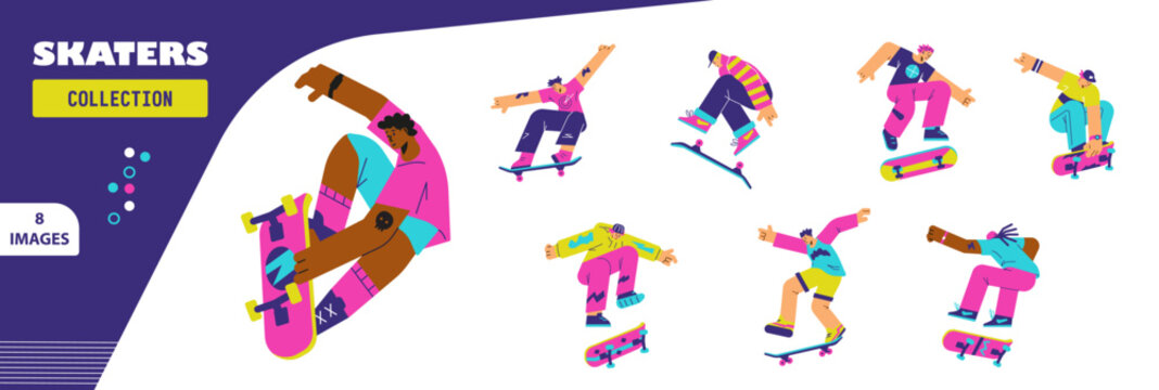 Set of jumping skater characters flat style, vector illustration