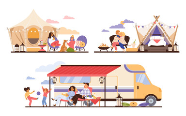 Tourist resting in glamping scenes collection, flat vector illustration isolated.