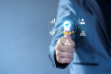 Quality Assurance Concept. Business people show high quality assurance mark, good service, premium, five stars, premium service assurance, excellence service, high quality, business excellence.