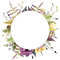 Watercolor circle frame arrangement with hand drawn autumn flowers, branches and leaves. Isolated on white background. Design for invitations, wedding or greeting cards, wallpaper, print, textile