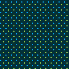 Abstract romantic light green and blue polka dot seamless pattern on a dark green background