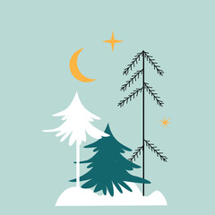 Winter composition with trees, gifts and snow. Vector isolated illustration. Christmas and New Year. Vector illustration