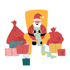 Santa Claus is reading a letter in a cozy yellow armchair.Bags of gifts. Christmas vector illustration isolated on a white background. Flat hand drawing style. Vector illustration