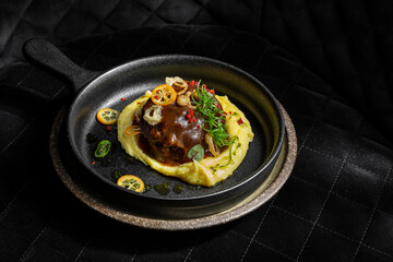 Grilled meat steak with sauce with mashed potatoes