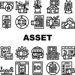 asset management digital business icons set vector. finance technology, data financial money, investment fund, wealth system company asset management digital business black contour illustrations