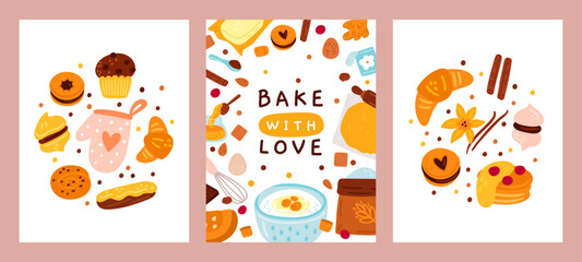 Bakery cards. Cooking process funny banners with pastries, dishes and kitchen accessories. Sweet products. Dessert food. Baked cookies and pancakes. Vanilla croissant. Garish vector set