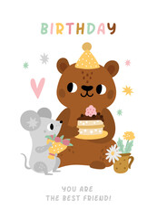 Best friend birthday card with cute mouse and bear eating cake
