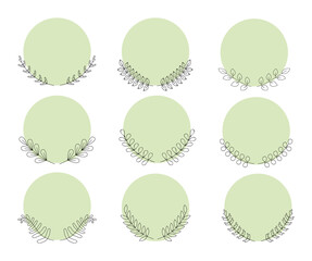 Highlight round covers social media stories. Vector elements leaves copy space for blog, labels, cards. Minimalistic background. Botanical design.