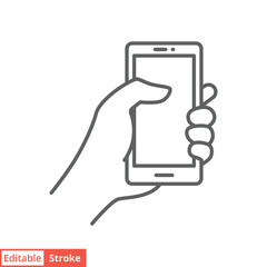 Hand holding smartphone icon. Simple outline style. Hold mobile phone with white screen. Thin line vector illustration isolated on white background. Editable stroke EPS 10.
