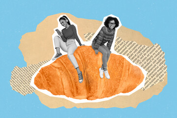 Exclusive minimal ad collage of two smiling young girls students sitting huge fresh baked croissant isolated pastel blue color background - Powered by Adobe
