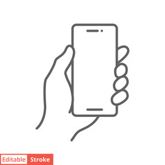 Hand holding smartphone icon. Simple outline style. Hold mobile phone with white screen. Thin line vector illustration isolated on white background. Editable stroke EPS 10.