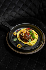 Grilled meat steak with sauce with mashed potatoes