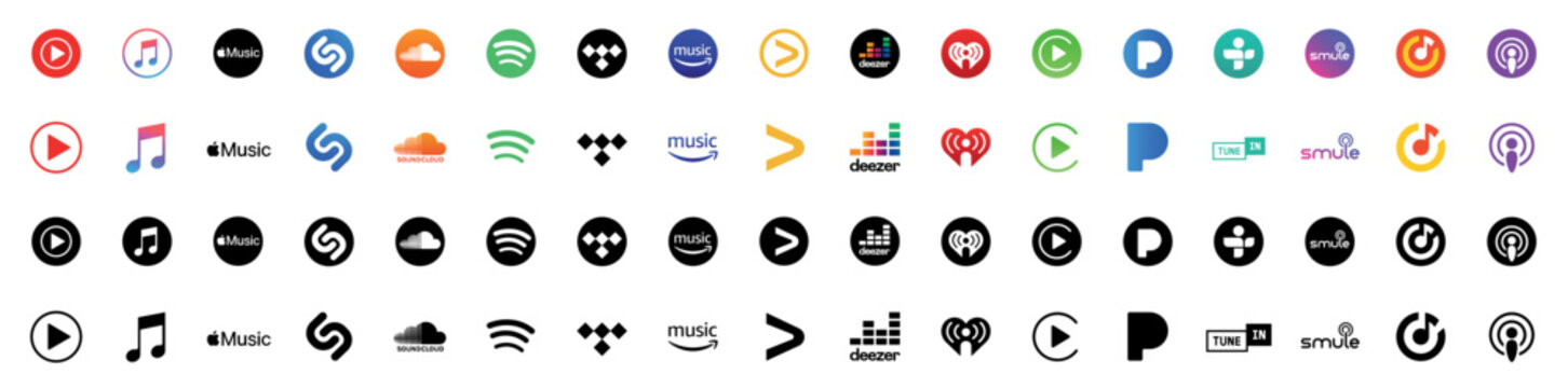Apple music, spotify, youtube music, soundcloud, deezer, tidal, amazon music, smule, google. Popular music songs streaming brand. SoundCloud - a set of logos for popular music streaming services. 