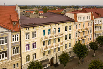 The facades of the buildings in Sovetsk, view from a drone