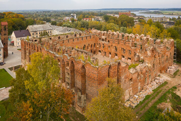 Fototapeta na wymiar The old abandoned Ragnit Castle ruins in Neman town, Russia, view from a drone