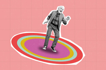 Collage photo bright sketch of senior retired old man dancing on colored circles dance floor have...
