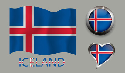 set nation Iceland flag glossy button heart