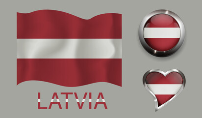 set nation Latvia flag glossy button heart