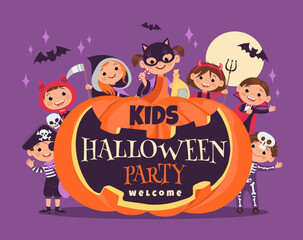 Halloween kids party. October festival poster. Funny boys and girls. Holiday horror costumes. Smiling pumpkin with invitation text. Cute children in monster outfits. Vector welcome banner