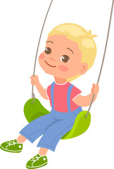 Kid on rope swing. Swinging girl. Preschool child playing in playground with attractions. Park recreation. Summer outdoor leisure. Joyful baby riding carousel. Vector happy teen activity