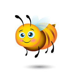 Cute yellow friendly bee. Cartoon happy flying bee with big kind eyes. Wasp character. Vector isolated on white