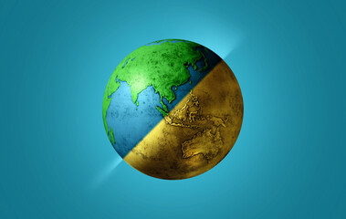 3d illustration. Golden earth globe turns green.
