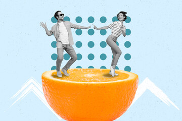Banner collage of woman man dance on orange wear casual cloth isolated on blue painting color background